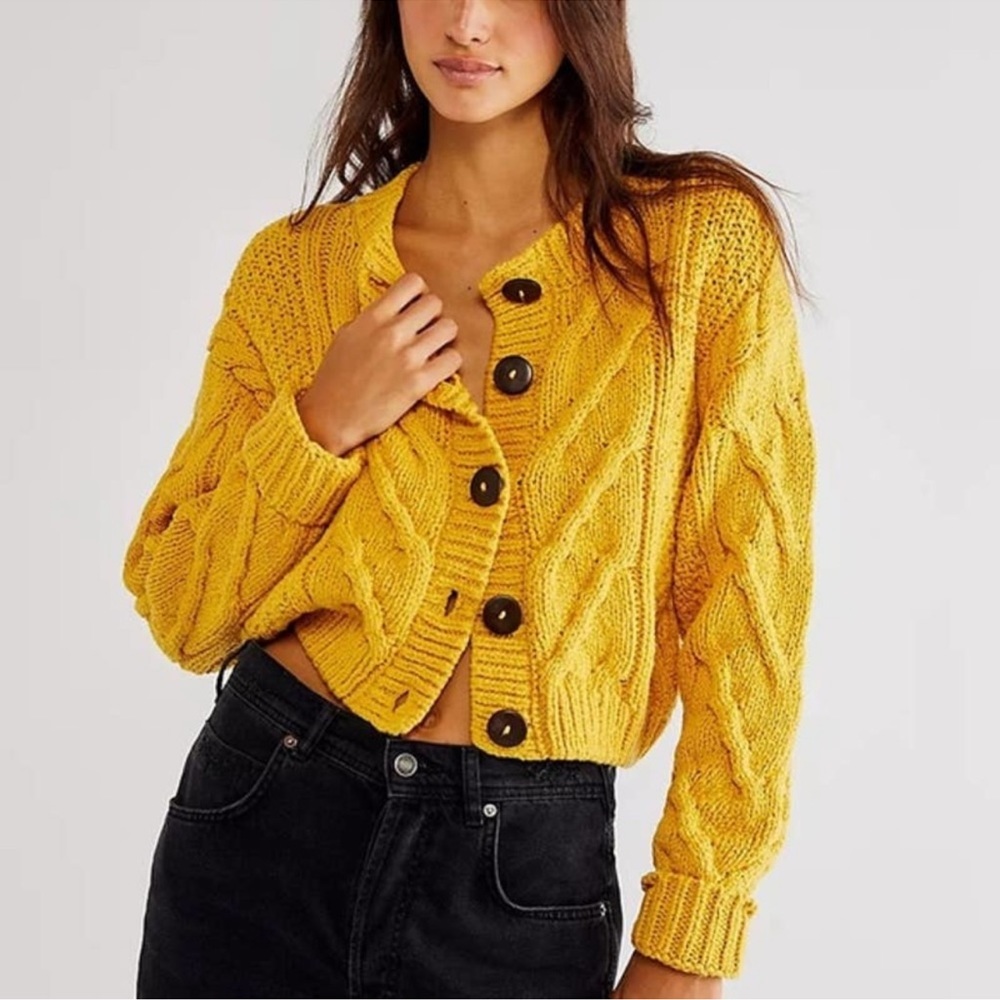 Free People Yellow Cable Knit Cardigan